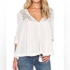 Free People Doin It Right Blouse in Ivory Cream Cotton Blend Boho Crochet Top XS